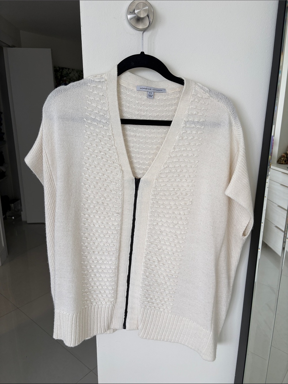 Adrienne Vittadini Cream Open Knit Cardigan with Black Trim